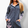 Petra gray and powder pink striped hem coat for elegant styling.