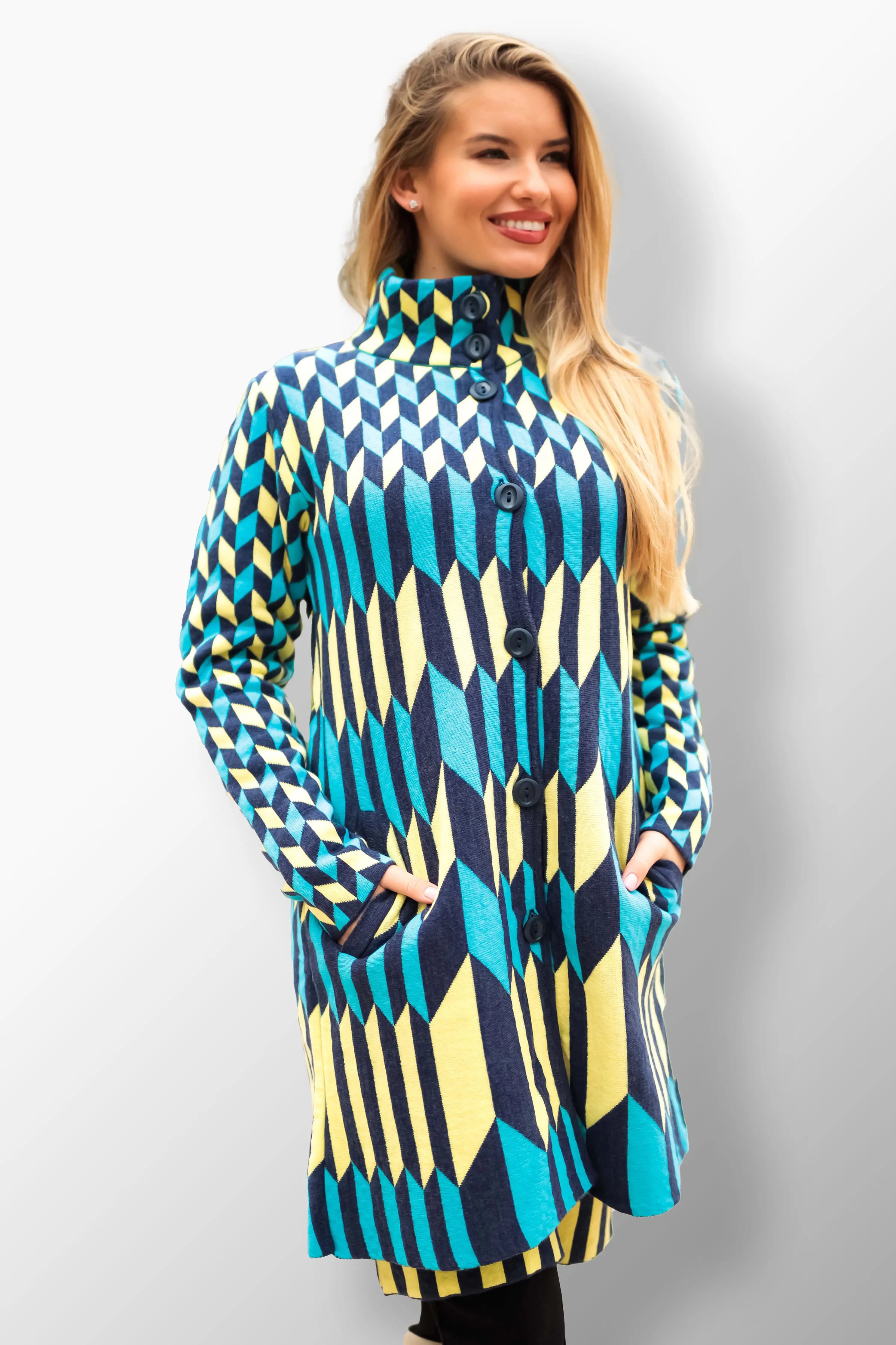 Anna Kötött Kabát Dinamikus Kockás Mintával