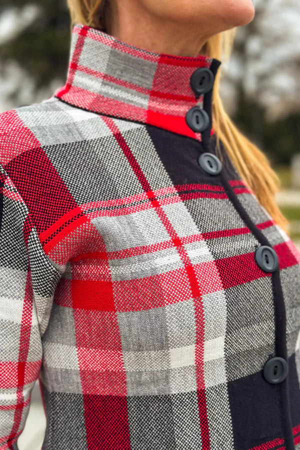 High-neck plaid coat in a deep red shade, perfect for cold days.