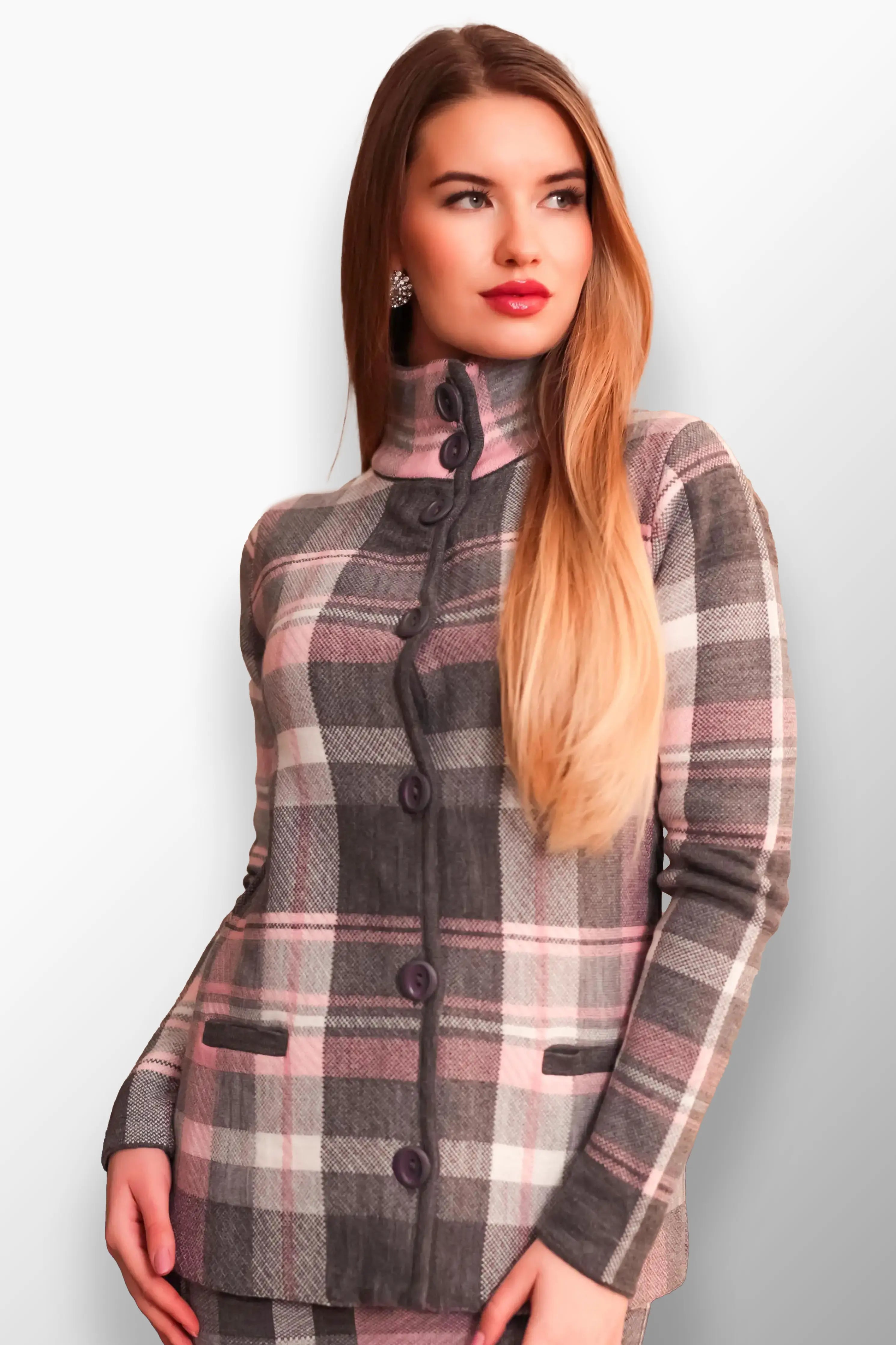 Kerry Short Knit Coat with High Neck and Checkered Pattern