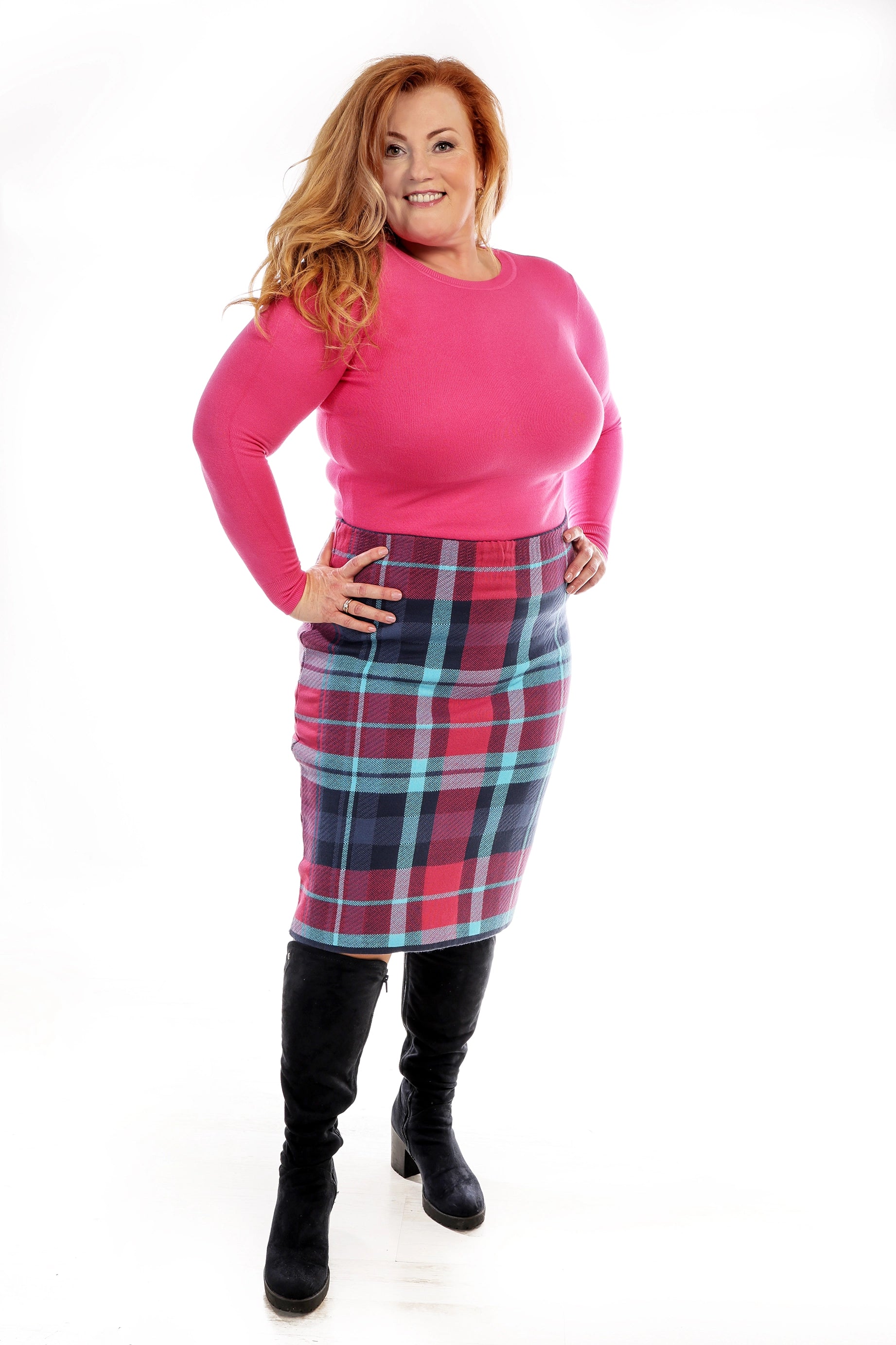 Kerry Kötött Szoknya Magas Derékkal és Kockás Mintával