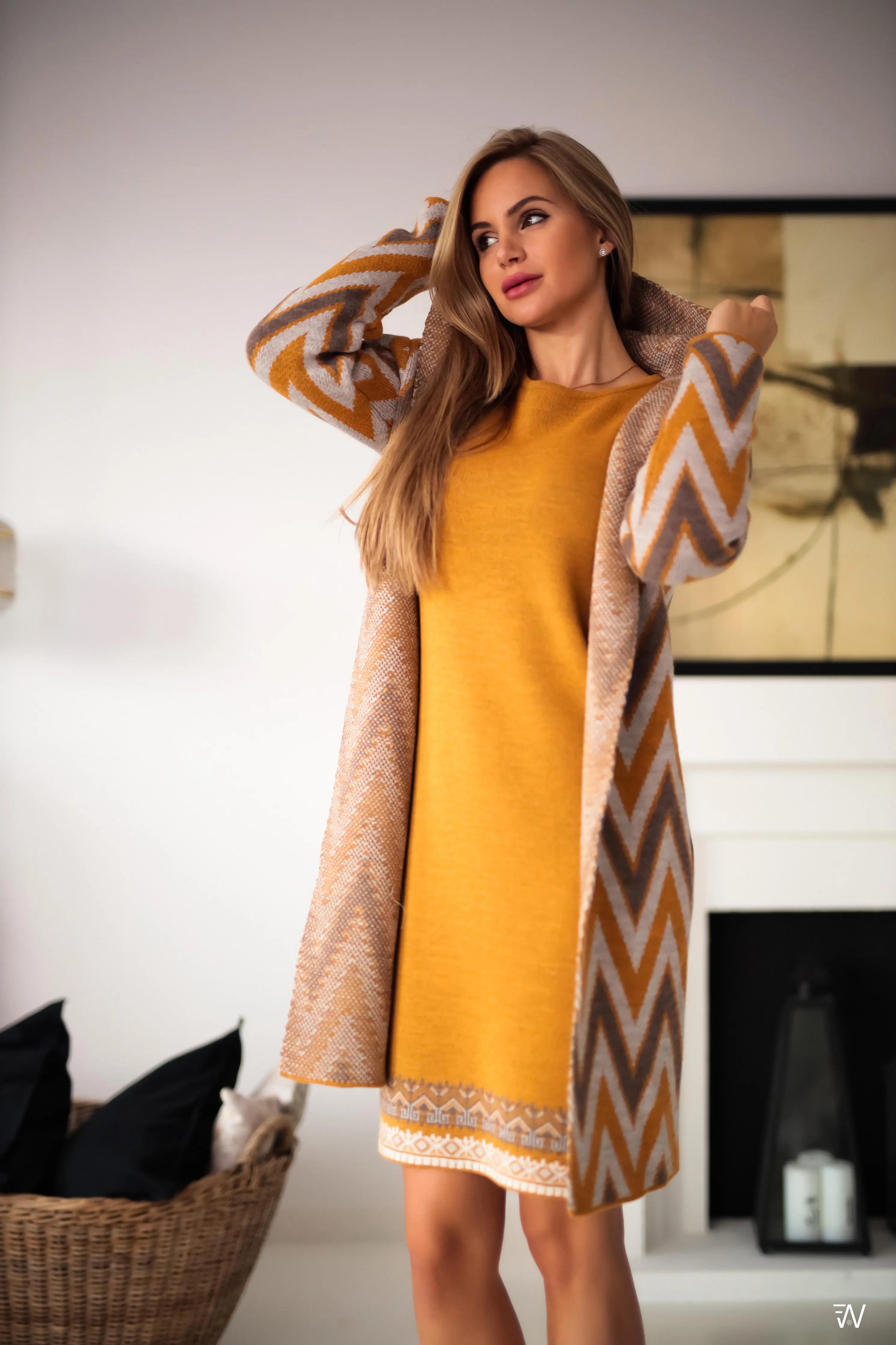 Milla Mustársárga Kötött Kardigán Kapucnival