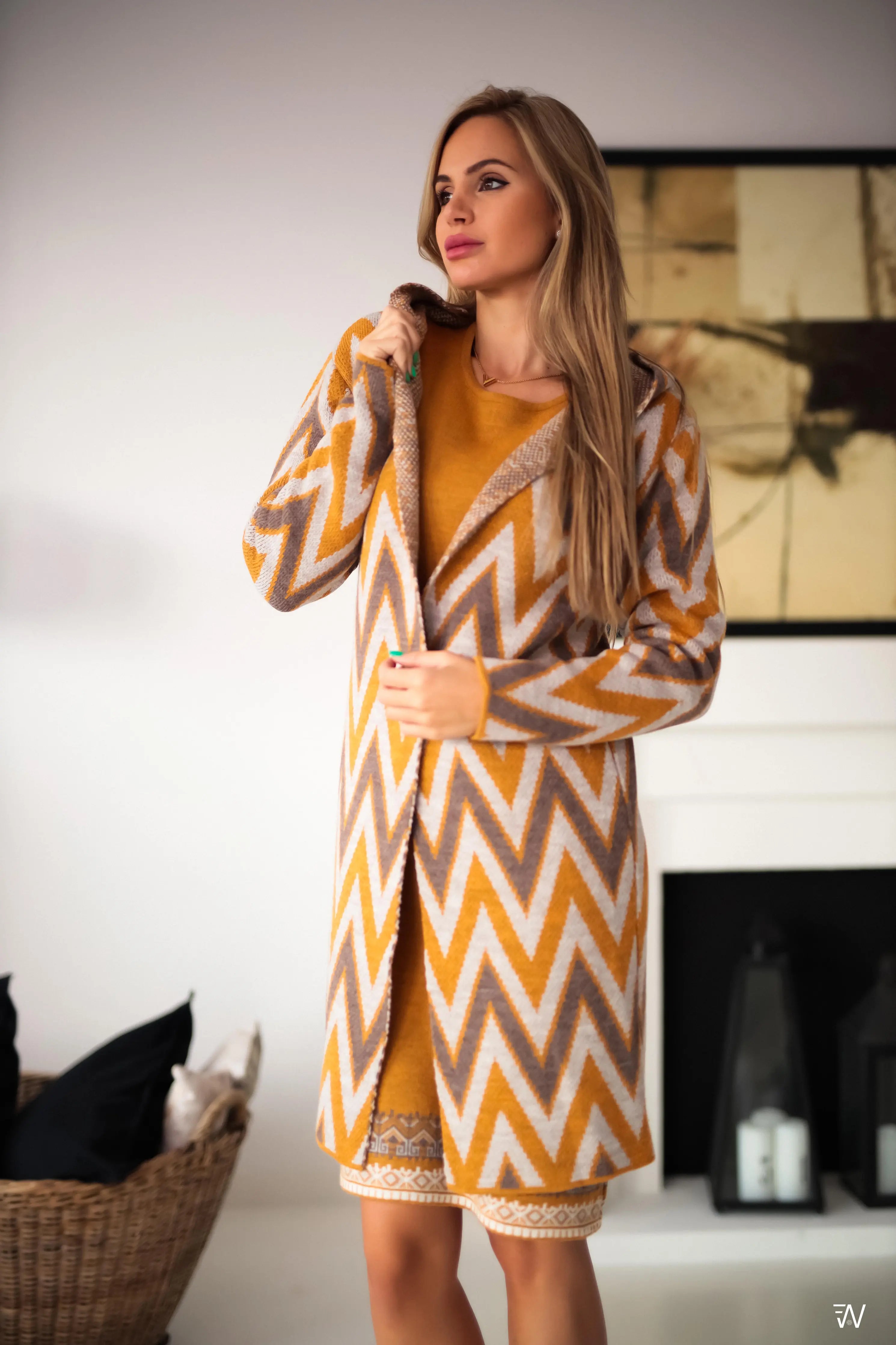 Milla Mustársárga Kötött Kardigán Kapucnival