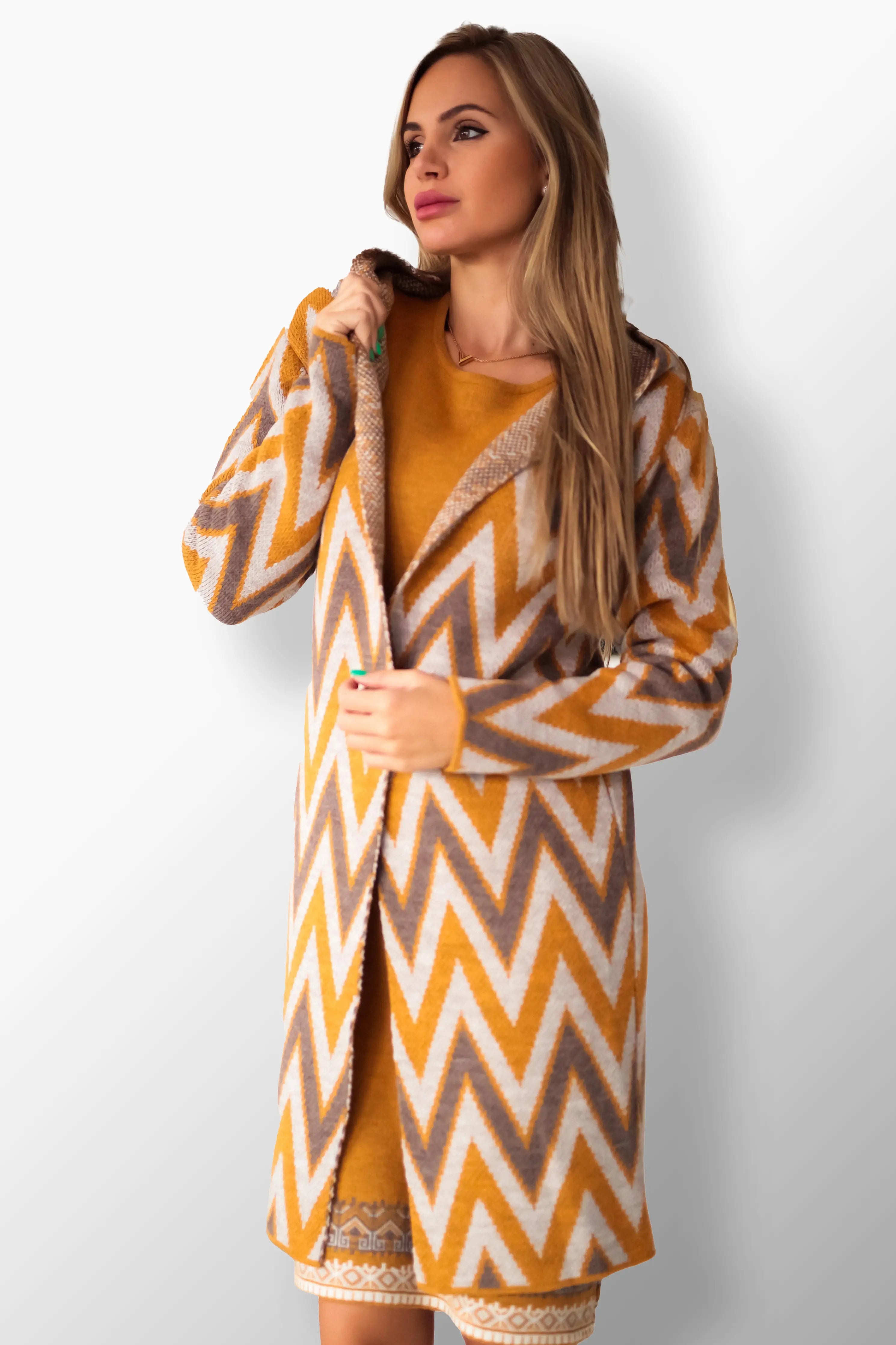 Milla Mustársárga Kötött Kardigán Kapucnival