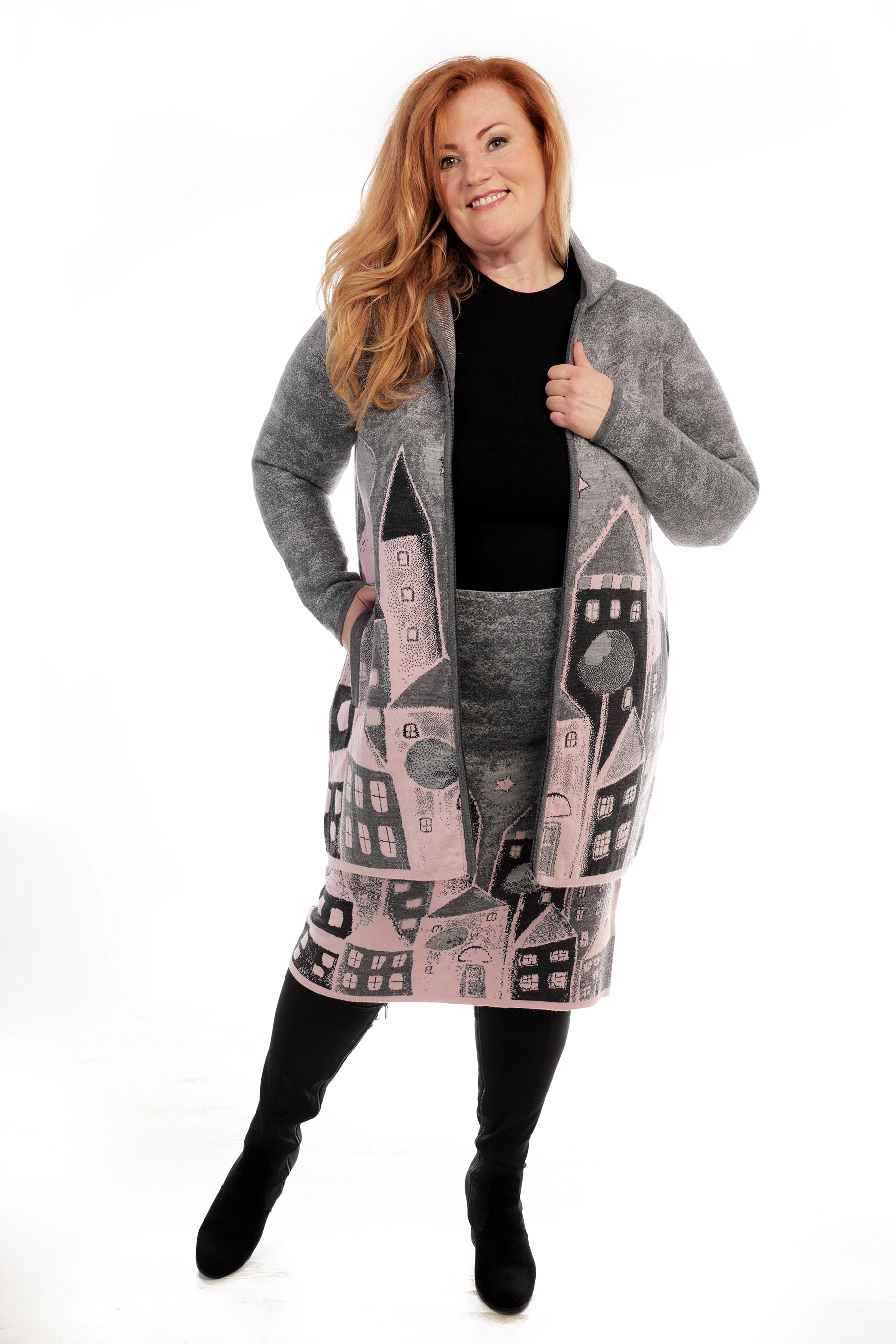 Rella Knit Coat with Fairy Tale Town Pattern