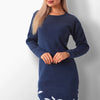 Teresa navy knit dress with white leaf pattern.