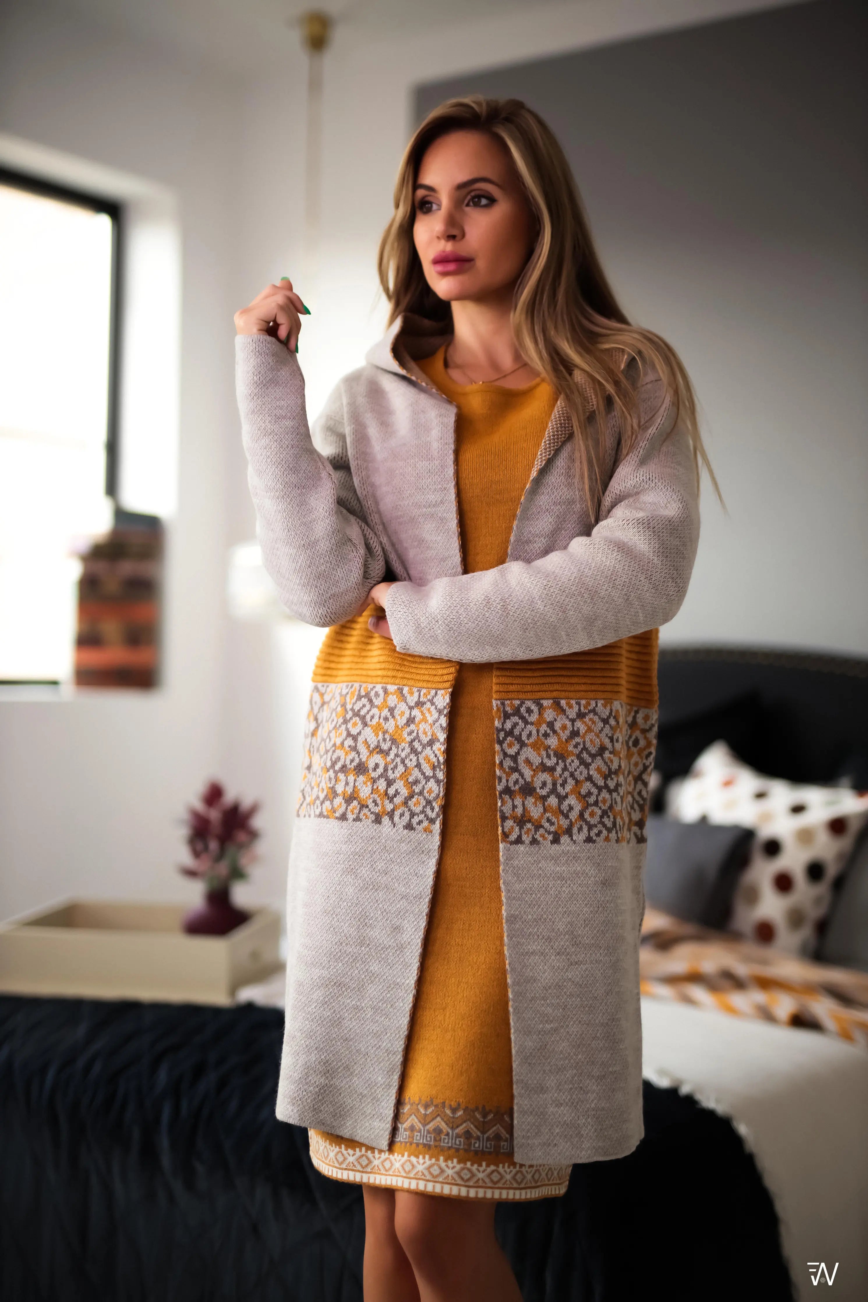 Vera Mustársárga Kötött Kardigán Kapucnival