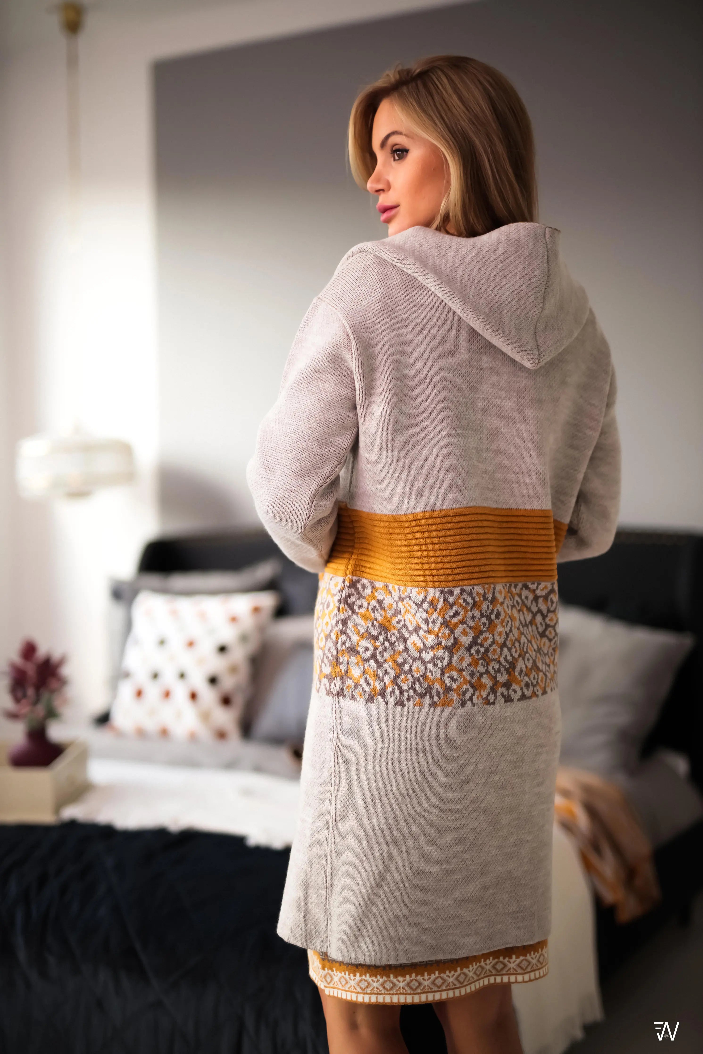 Vera Mustársárga Kötött Kardigán Kapucnival