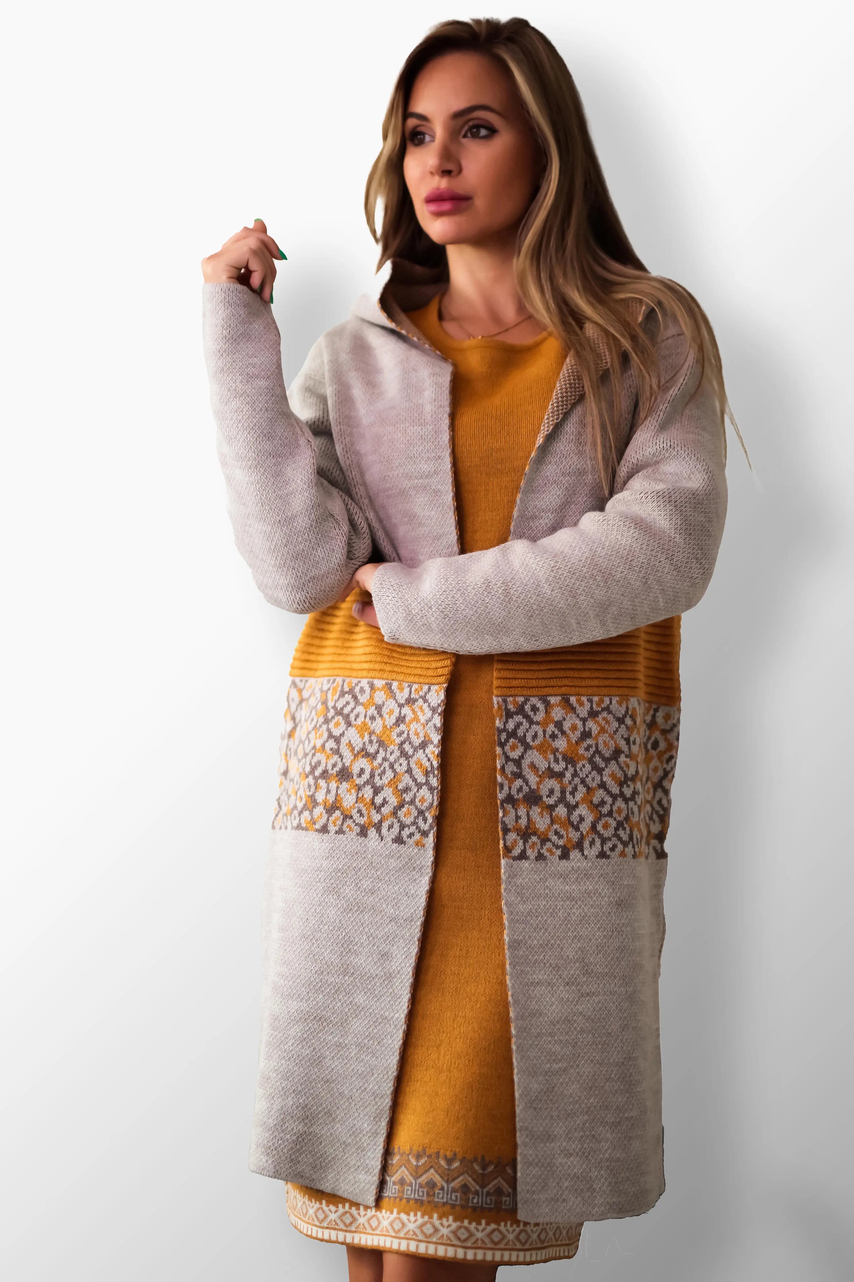 Vera Mustársárga Kötött Kardigán Kapucnival